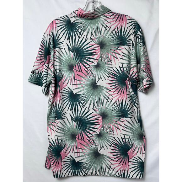 Bad Birdie Mens Med Pink/Green Palm Leaf Short Sleeve Vacation Golf Polo Shirt - Picture 7 of 7